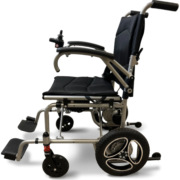 A wheelchair with wheels and seat folded down.