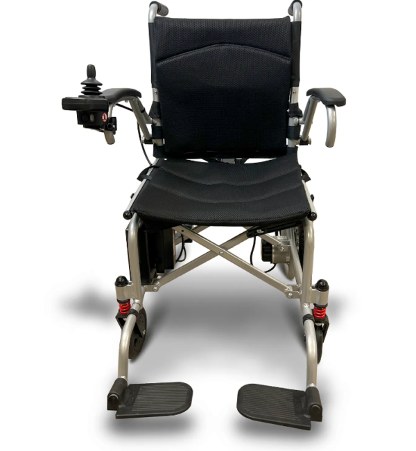 A black wheelchair with wheels and pedals on it.