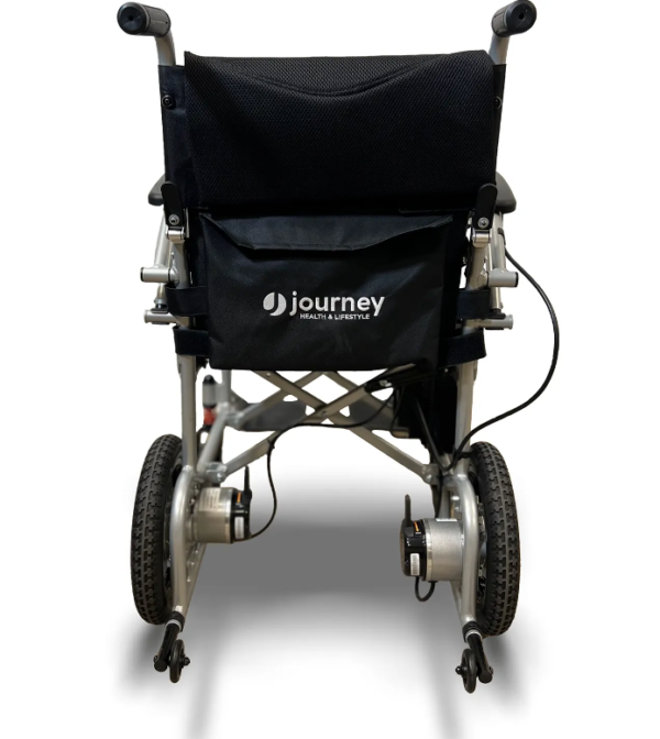 A black and silver wheelchair with wheels