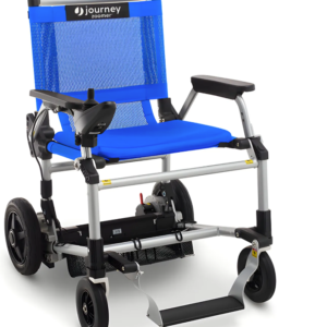 A blue wheelchair with wheels and seat.