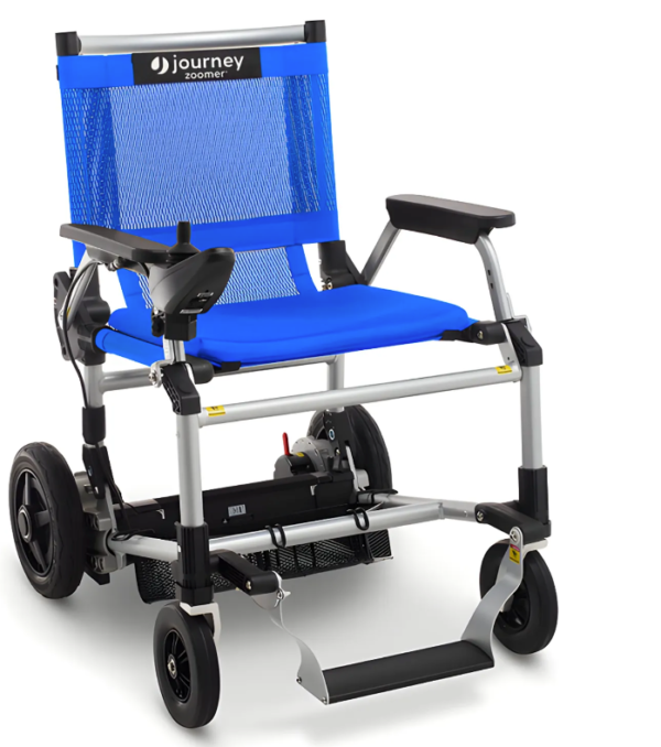 A blue wheelchair with wheels and seat.