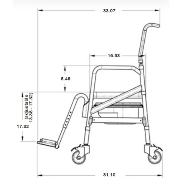 A drawing of a wheelchair with wheels and handle.