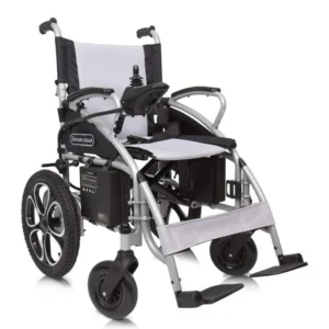 A wheelchair with wheels and seat cushion.