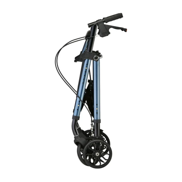 A blue scooter with wheels and brake system.