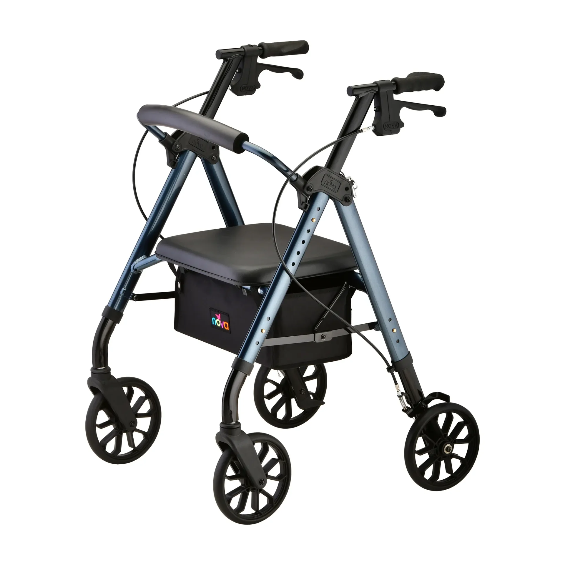 A walker with wheels and seat for the elderly.