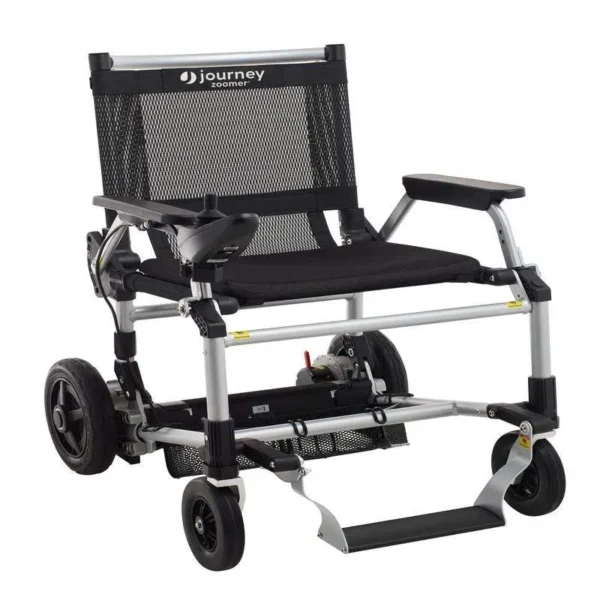 A black and silver wheelchair with wheels.