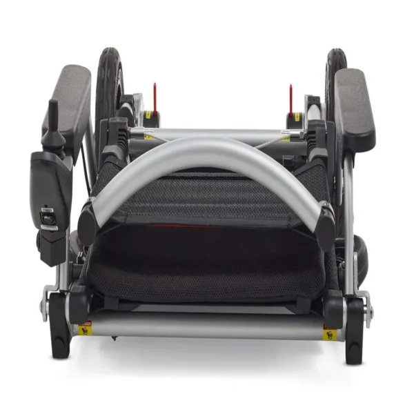 A back view of the seat on a wheelchair.