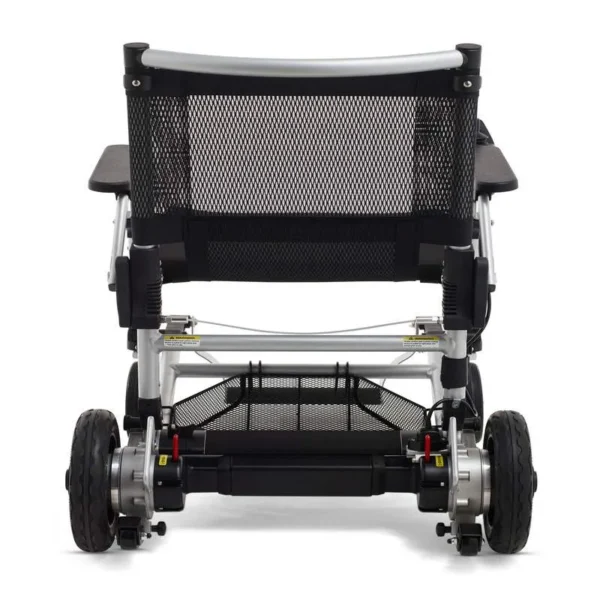 A wheelchair with wheels and back rest on it.