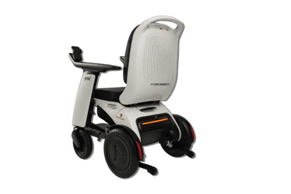 A white scooter with black wheels and seat.