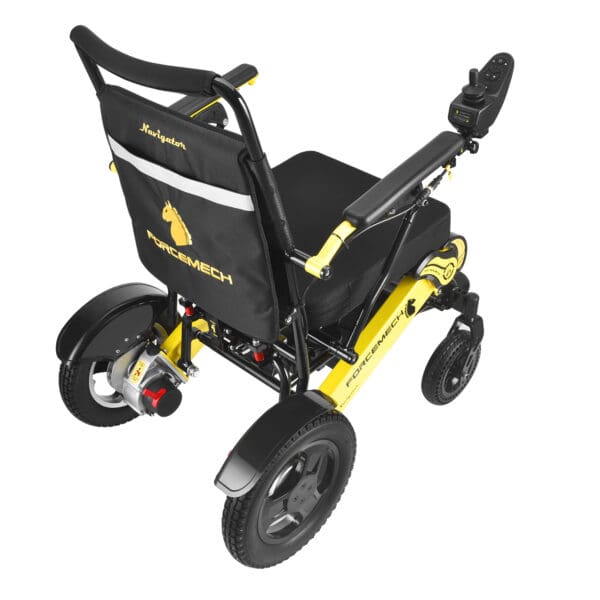 A yellow and black wheelchair with wheels