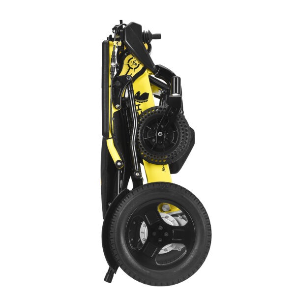 A yellow and black folding bike with a tire.