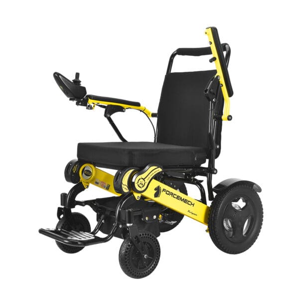 A yellow and black wheelchair is shown.