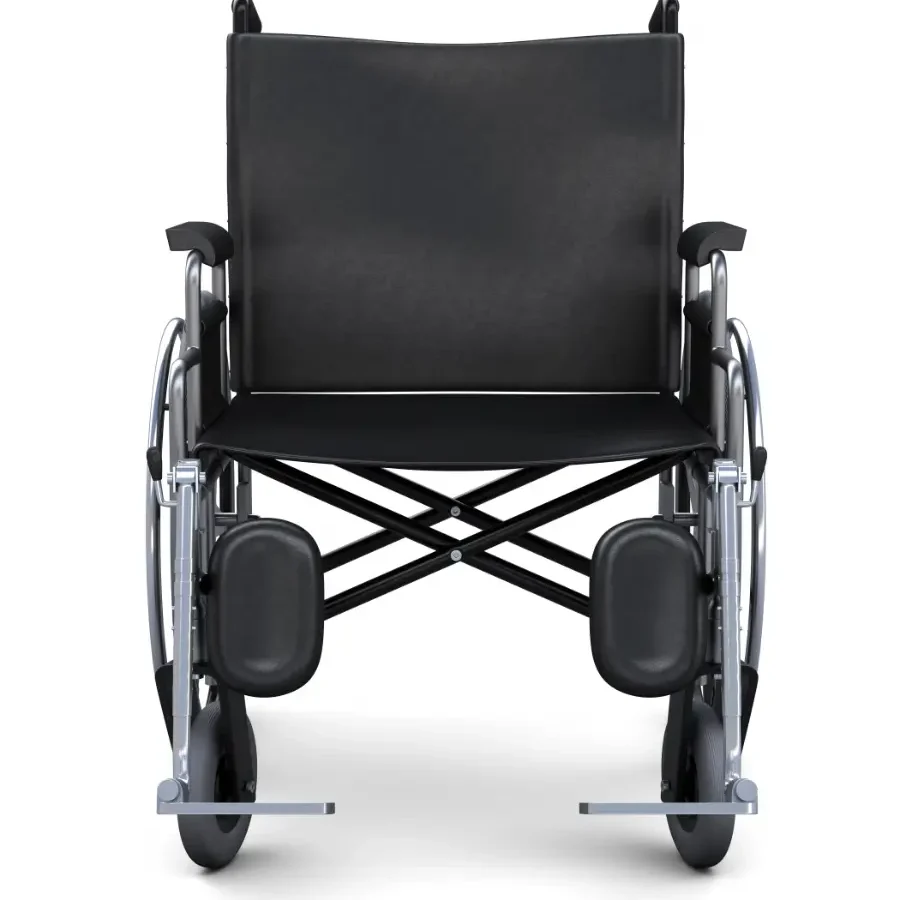 A wheelchair with wheels and back rests.